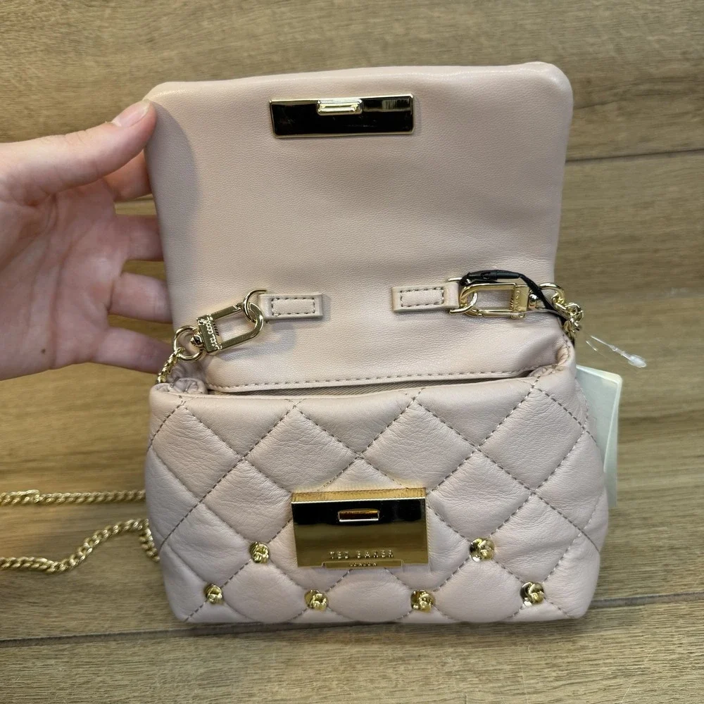 Ted Baker Ginn Quilted Leather Mini Crossbody Bag Rose Stud Soft Pink Chain